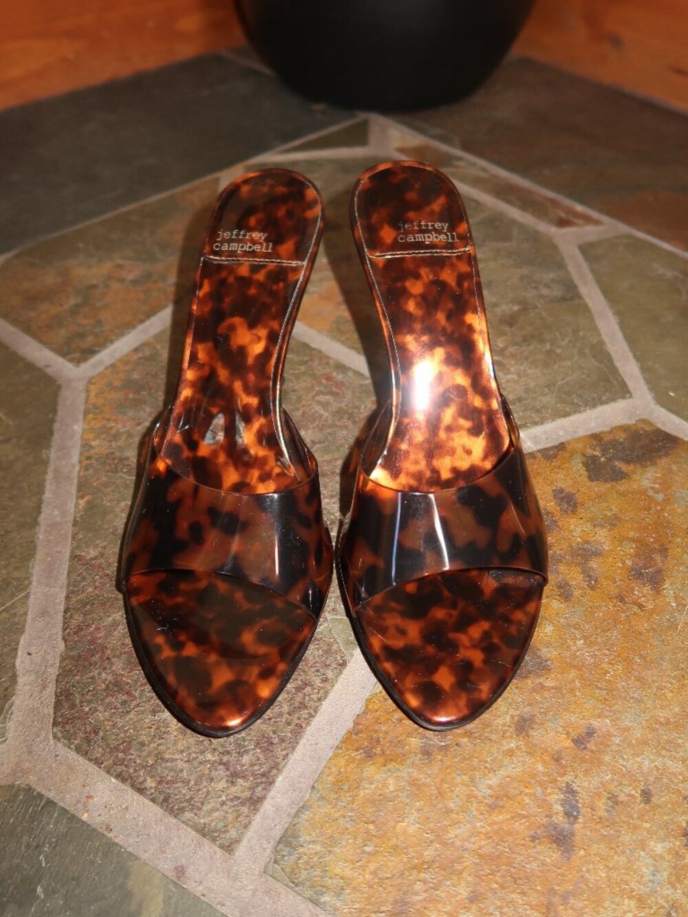 Jeffrey Campbell Agent Tortoise Vinyl Peep Toe Slide Sandals - Picture 2 of 5